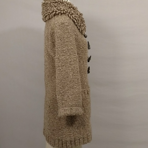 Irish Sweater Jacket Cardigan Coat Natural Neutral Fun Shaggy Collar frt Pockets - Picture 3 of 8